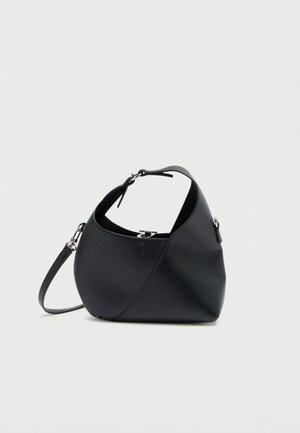 Black leather handbag with a curved shape and a single shoulder strap. Features a zip closure and contrasting stitch detailing.