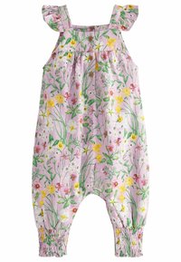 Jumpsuit floral en rosa claro con patrones de flores amarillas y moradas. Presenta tirantes rizados y puños elásticos para mayor comodidad.