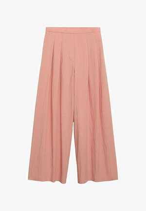 Vaaleanpunaiset leveät housut, joissa on korkea vyötärö, hienovaraisilla laskoksilla ja tekstuuripinnoitteella. Ei taskuja tai näkyviä metalliosia.