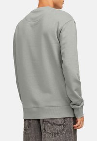 Grauer Baumwollpullover mit Rundhalsausschnitt, langen Ärmeln und geripptem Saum. Der Stoff hat eine glatte Textur und eignet sich hervorragend für die Freizeit.