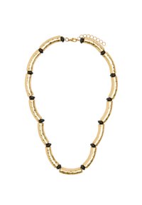 Złota metalowa naszyjnik z wydłużonymi, młotkowymi ogniwami, przeplatany okrągłymi czarnymi akcentami, wyposażony w regulowany łańcuszek z zapięciem.