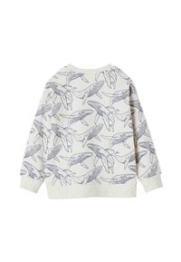 Grey sweatshirt with long sleeves featuring a navy blue whale pattern. Soft texture with ribbed neckline and edging. Casual, relaxed fit.