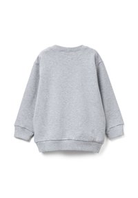 Sudadera lisa de manga larga en gris claro con puños, dobladillo y cuello acanalados, vista desde atrás sobre un fondo blanco.