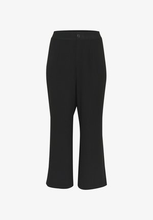 Czarne spodenki typu cropped z gładką teksturą, zapięciem na guzik i dwiema przednimi kieszeniami. Projekt charakteryzuje się prostym krojem i minimalnymi detalami.