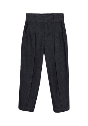 Pantalon droit taille haute gris foncé avec passants de ceinture et poches latérales avant, présenté sur fond blanc.