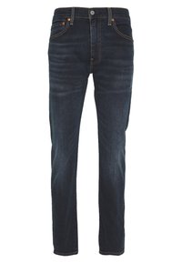 Mörkblå denimjeans med rak bendesign, med sömnadsdetaljer, femfickorsmodell och knappstängning i midjan.