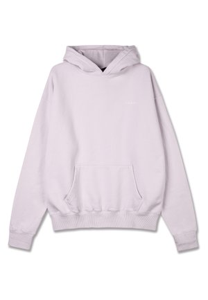 Light lavender hoodie made of soft fabric, featuring a kangaroo pocket, ribbed cuffs, and a drawstring hood. Subtle logo detail on the front.