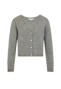 Grijze cropped cardigan in ribbelstructuur, met een diepe V-hals en zes hartvormige knopen. Lange mouwen met aansluitende manchetten.