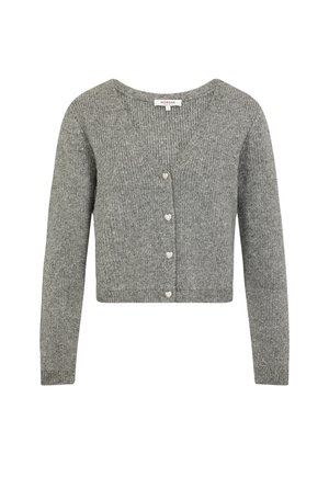 Graue, kurz geschnittene Strickjacke in Rippstruktur, mit tiefem V-Ausschnitt und sechs herzförmigen Knöpfen. Lange Ärmel mit schmalen Bündchen.