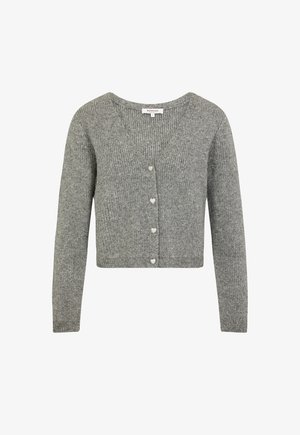 Cardigan grigio corto in texture a costine, con scollatura a V profonda e sei bottoni a forma di cuore. Maniche lunghe con polsini aderenti.