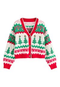 Bela pletena jopica z rdečimi poudarki, s motivi zelenih dreves, sladkarij v obliki palic in cik-cak vzorcev. Pet lesenih gumbov spredaj.