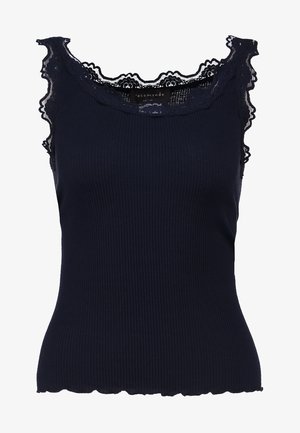 Navy ribbed tank top with lace trim along neckline and shoulders, featuring scalloped hem and slim fit. Soft fabric texture.