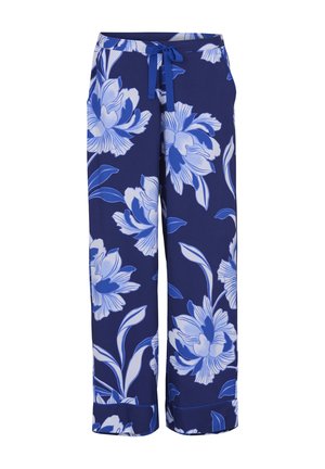 Navy blue wide-leg pants with large white and blue floral print and a front waist tie.