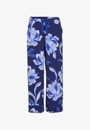 Navy blue wide-leg pants with large white and blue floral print and a front waist tie.