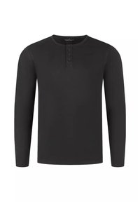 Czarna, długorękawowa koszula wykonana z miękkiego materiału, z okrągłym dekoltem, pięcioma guzikami na przodzie i dopasowanym krojem.