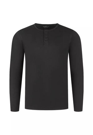 Czarna, długorękawowa koszula wykonana z miękkiego materiału, z okrągłym dekoltem, pięcioma guzikami na przodzie i dopasowanym krojem.