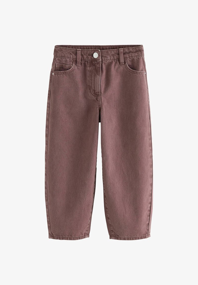 Pantaloni in denim marrone con design a gamba dritta, cinque tasche e chiusura frontale con bottone. Dettagli di cucitura visibili e una texture liscia.