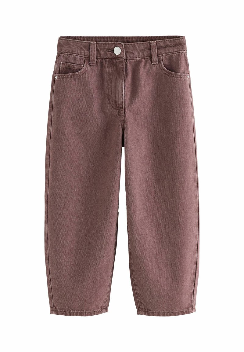 Braune Denim-Hosen mit geradem Bein, fünf Taschen und einem vorderen Knopfverschluss. Sichtbare Nähte und eine glatte Textur.