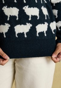 Schwarzer Pullover mit weißem Schafmuster, Hände halten den Saum, getragen mit hellbeigen Hosen und silbernen Ringen an den Fingern.