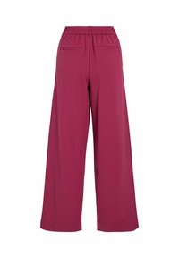 Pantalon à jambes larges d'un riche coloris bordeaux. Confectionné dans un tissu lisse, doté d'une ceinture élastique et de deux poches arrière.