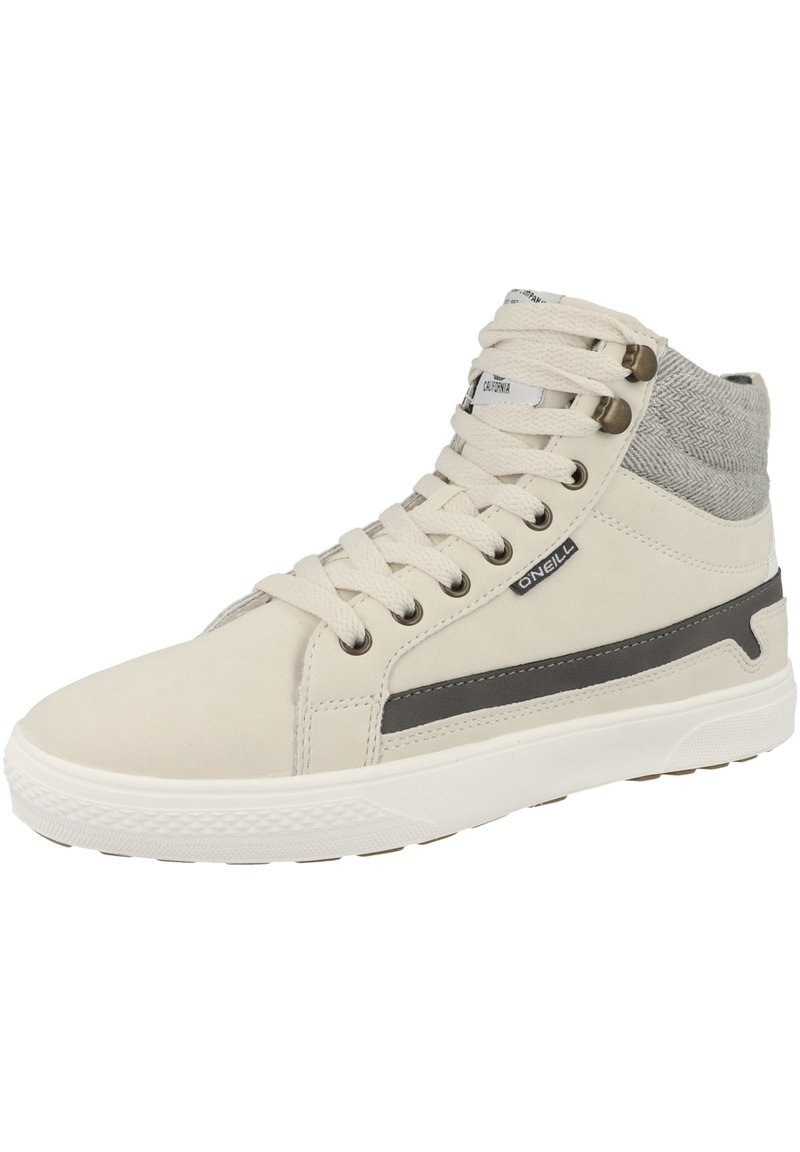 Zapatillas altas en beige y gris. Parte superior de sintético suave y cuello de tela texturizada. Suela blanca con una franja de acento gris. Cierre de cordones.
