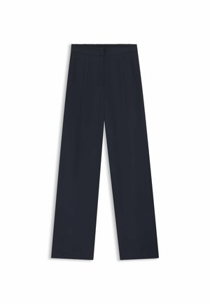Navy wide-leg trousers featuring an elastic waistband, two side pockets, and a smooth, woven texture. No visible patterns or hardware details.
