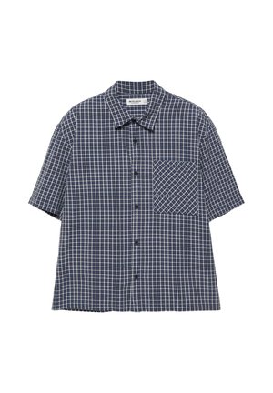Navy blue and white short-sleeve checkered button-up shirt with front pocket featuring a diagonal check pattern.