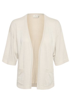 Cardigan color beige chiaro realizzato in un morbido tessuto testurizzato. Presenta una vestibilità morbida, maniche corte, apertura frontale e due tasche anteriori.