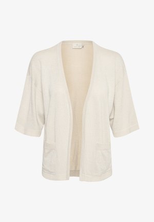 Heledbeez kardigan, mis on valmistatud pehmest, tekstuuriga kangast. Omab vabalt langevat lõiget, lühikesi varrukaid, avatud esiosa ning kahte esist taskut.