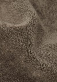 Tissu brun, texturé, avec une surface douce et duveteuse, présentant une teinte terreuse et légèrement chiffonnée.