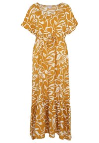 Żółta maxi sukienka z białym abstrakcyjnym wzorem kwiatowym. Posiada krótkie rękawy, ściągacz w talii oraz warstwowy krój hemu. Lekka tkanina.