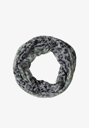 Let gråt infinity tørklæde med sort og mørkegråt leopardprintmønster, arrangeret i en cirkulær løkke på en hvid baggrund.