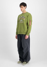 Felpa verde con logo "ALPHA", polsini a coste e tasca con zip sulla manica. Abbinata a pantaloni neri larghi e sneakers verde chiaro.