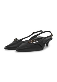 Tacchi slingback in pelle nera con punta appuntita, tacco piccolo e dettagli decorativi in metallo dorato. Presentano cinturini incrociati e design a intaglio.
