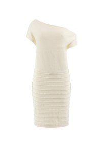 Bílé šaty off-the-shoulder s texturovaným pleteným vzorem, s přiléhavým střihem a horizontálními žebrovanými detaily po těle.