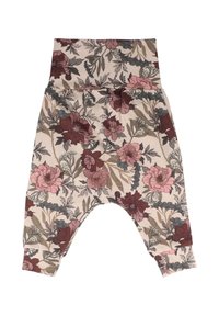 Volné haremové kalhoty s květinovým potiskem v světlé béžové barvě s bordó, růžovými a zelenými květy. Měkká, elastická tkanina s širokým pasem a zúženými nohavicemi.
