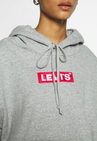 Sweat à capuche gris avec fermeture à cordon. Dispose d'un logo Levi's rouge brodé sur la poitrine. Texture de tissu douce et coupe décontractée.