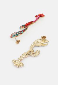 Gold-tone brooch set featuring a lobster design and a colorful beaded fish. Both adorned with red, pink, and green gemstones.