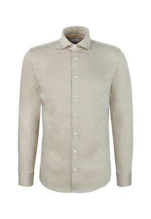 Beige, langærmet skjorte med spredt krave og hvide knapper foran, vist på en hvid baggrund.