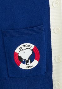 Blauwe gebreide cardigan met een crèmekleurige knoopsluiting en een voorkantzak met een kleurrijke geborduurde Snoopy-patch in een cirkel.