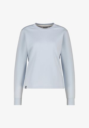 Lichtblauwe sweatshirt met lange mouwen van soepel stof. Heeft een ronde hals, ribgebreide manchetten en een rechte zoom met een klein logootje.
