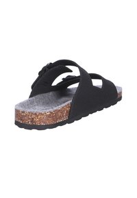 Sandal nera con cinturini in nylon intrecciato, soletta grigia texturizzata e soletta a zeppa simile al sughero. Presenta una suola in gomma resistente per una buona aderenza.