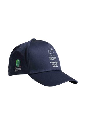 Cappellino da baseball blu navy con loghi a tema tennis bianchi e verdi, compresi i testi "Internazionali BNL d’Italia" e "ROMA 2023 EA7 Emporio Armani".