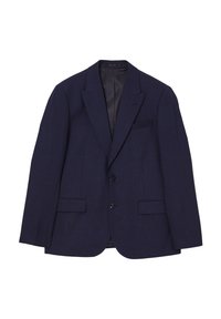 Blazer blu navy con tessuto texturizzato, design a un solo petto, due tasche frontali e bottoni neri. Rever a punta e foderatura interna visibile.