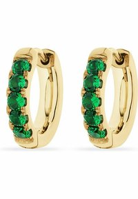 Guldörhängen med sex runda gröna ädelstenar i en rad. Slät, polerad yta med ett säkert lås.