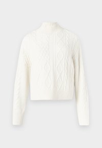 Suéter corto blanco de punto con cuello alto acanalado. Incluye varios patrones texturizados y puños acanalados en las mangas y el dobladillo.