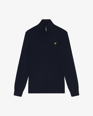 Pullover blu navy con colletto a zip, realizzato in morbido cotone misto, con un piccolo logo giallo sul petto e polsini a costine.