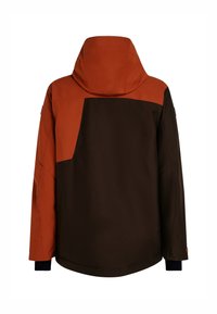 Donkerbruin en oranje hoodie-jack met een geometrisch kleurblokontwerp, voorzien van een relaxte pasvorm, elastische manchetten en een soepele textuur.