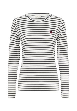 T-shirt à manches longues rayé avec des lignes horizontales blanches et gris foncé, arborant un petit cœur bordeaux brodé sur la poitrine.