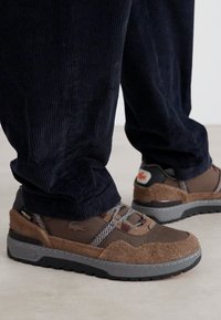 Braune Wanderschuhe aus einer Mischung aus Textil und flauschigem Material, mit grauen Gummisohlen, gestreiften Schnürsenkeln und Logo-Details an der Ferse.